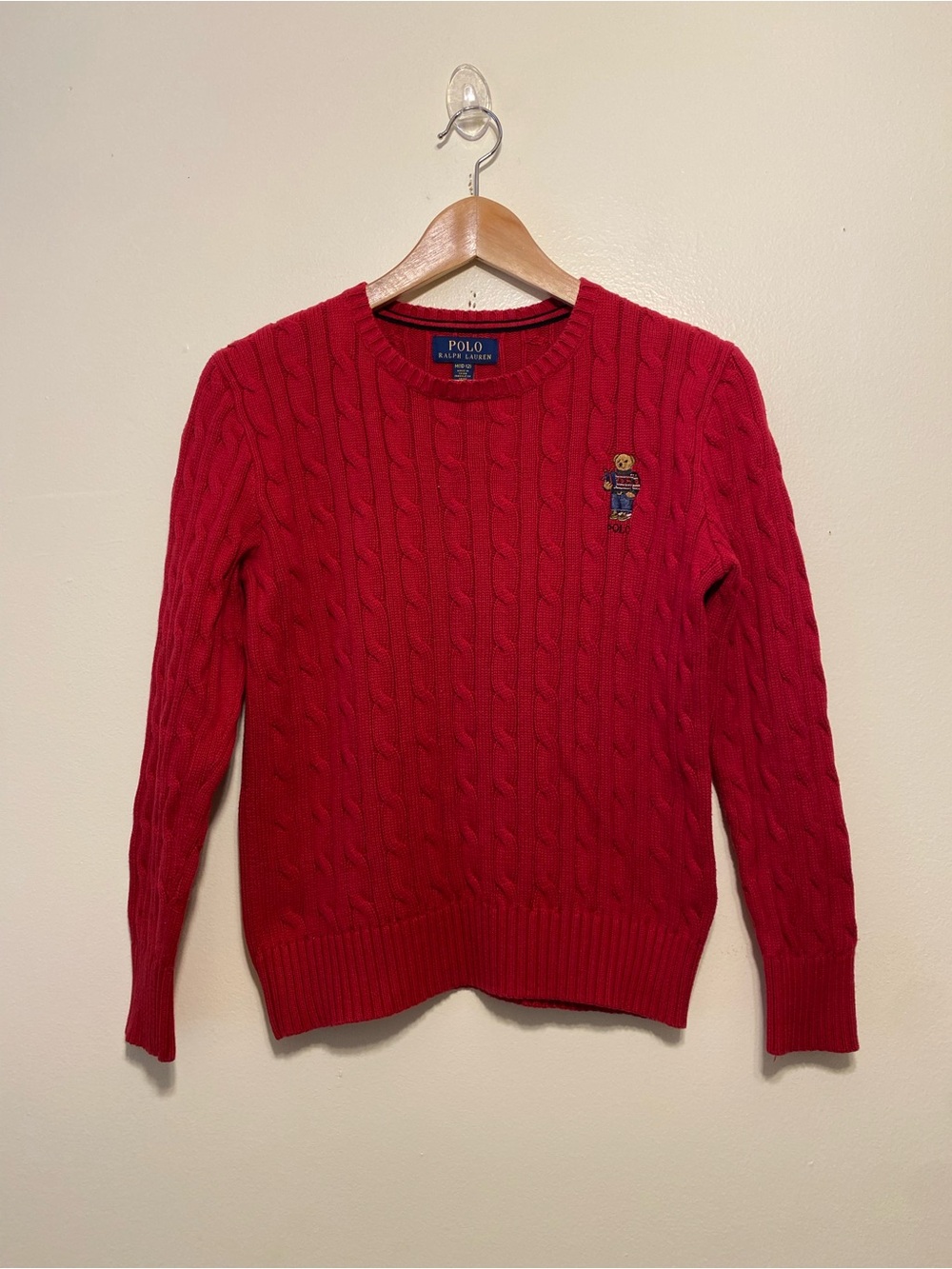 Polo by Ralph Lauren Red Cable-Knit Crewneck Sweater with Bear Patch Size 10/12